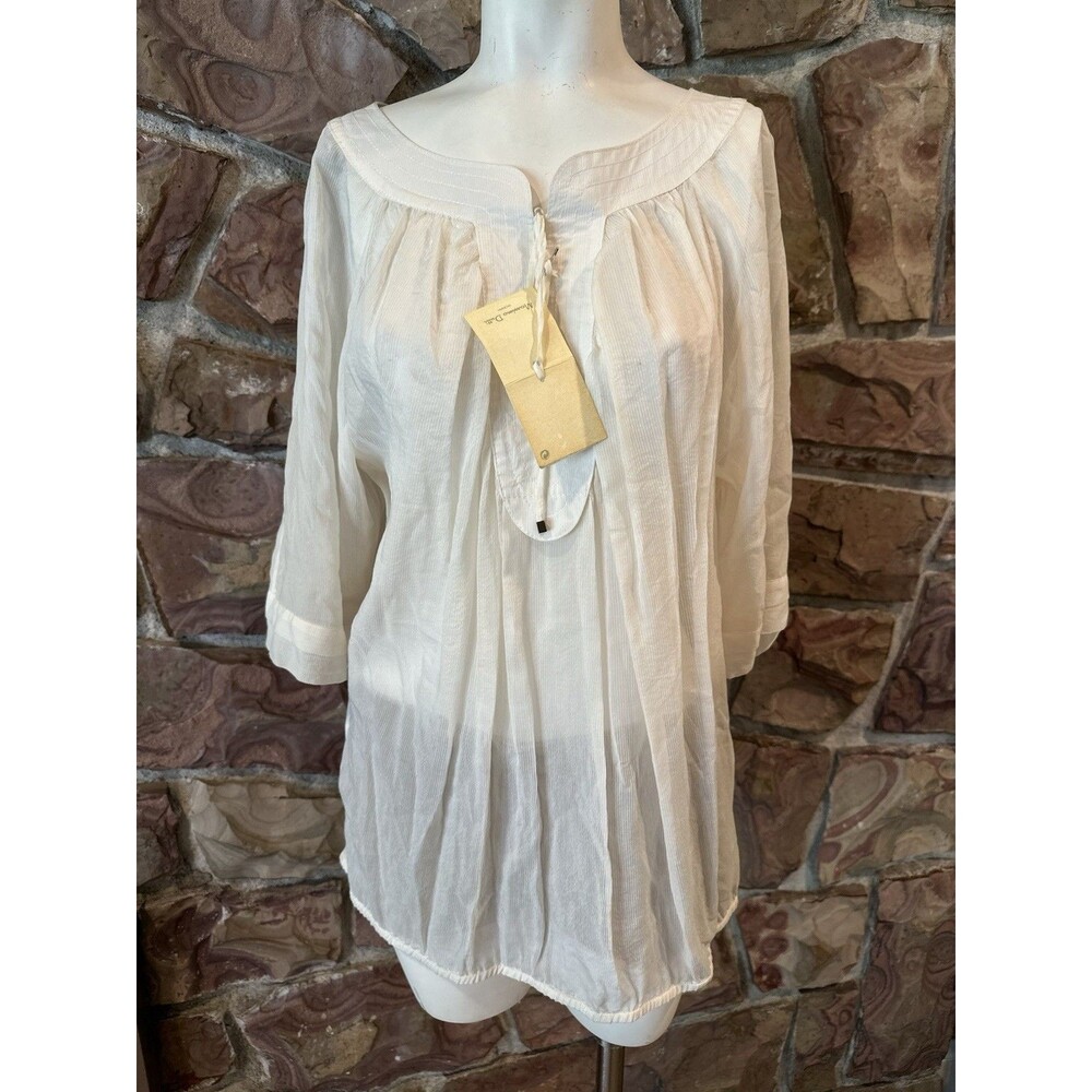 Womens Embroidered Sheer Blouse 10/42 White silky Cotton Boho‎ Cottage Coastal